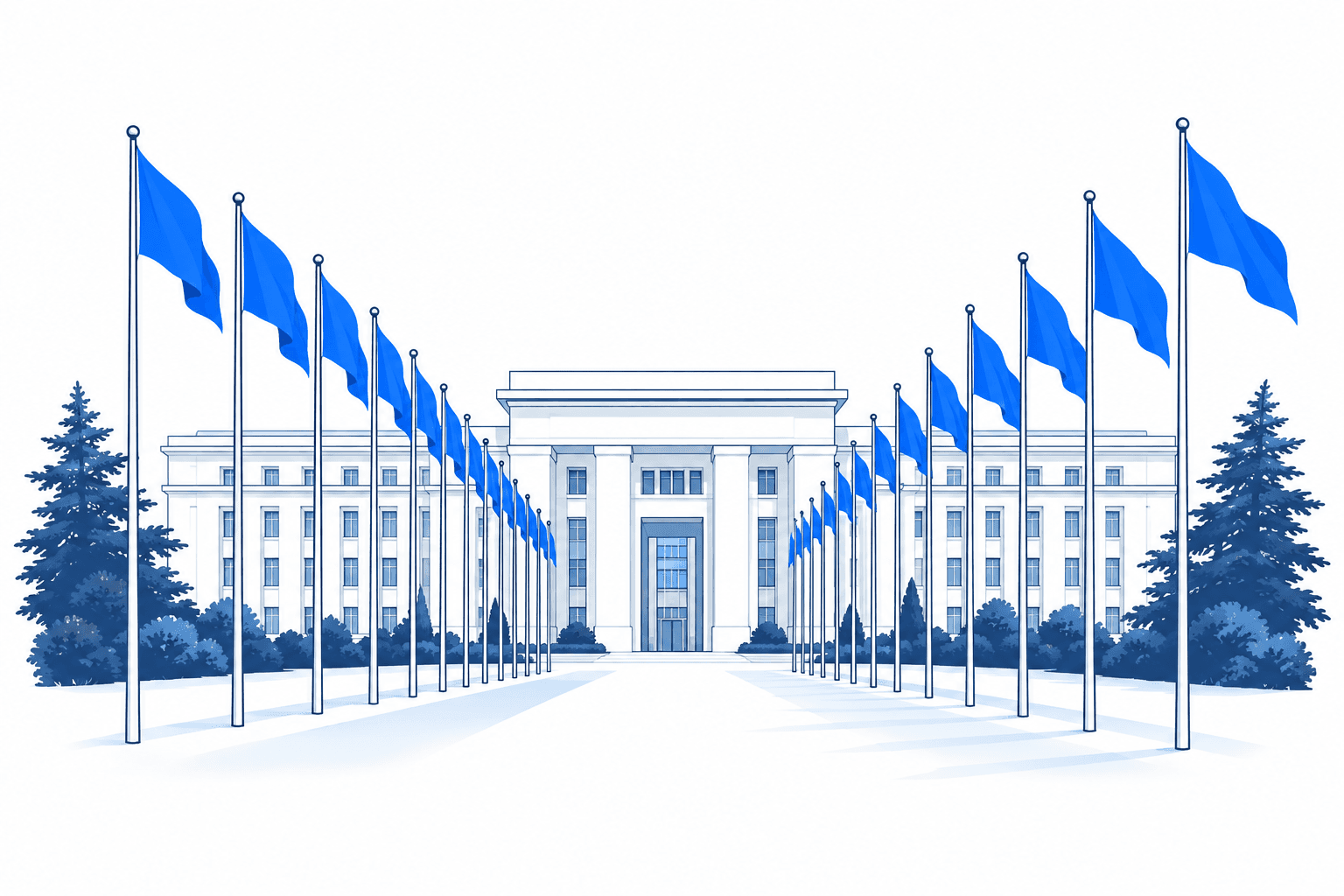 Blue illustration of the Palais des Nations in Geneva and its avenue of flags