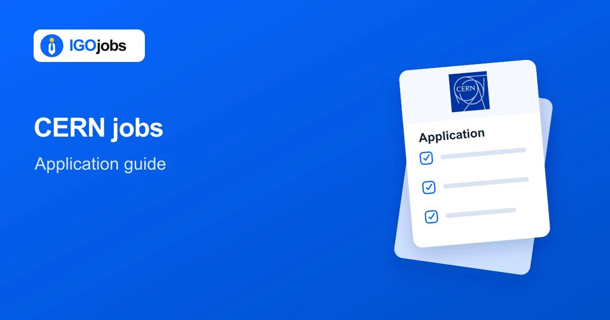 CERN application guide illustration with IGO Jobs branding and an application form