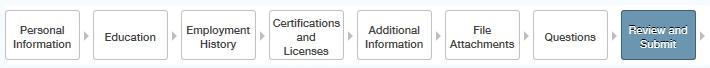 FAO profile navigation: personal information, education, employment history, certifications, additional information, attachments, questions, then review and submit