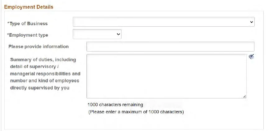 Summary of duties field showing a 1,000-character counter