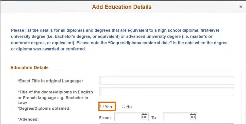Education form showing degree title, qualification obtained and study dates