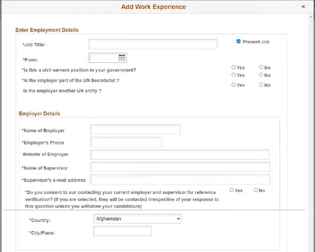 Work Experience form with employment dates, employer, supervisor and reference-check consent fields