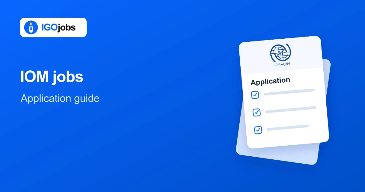 IOM application guide illustration with IGO Jobs branding and an application form