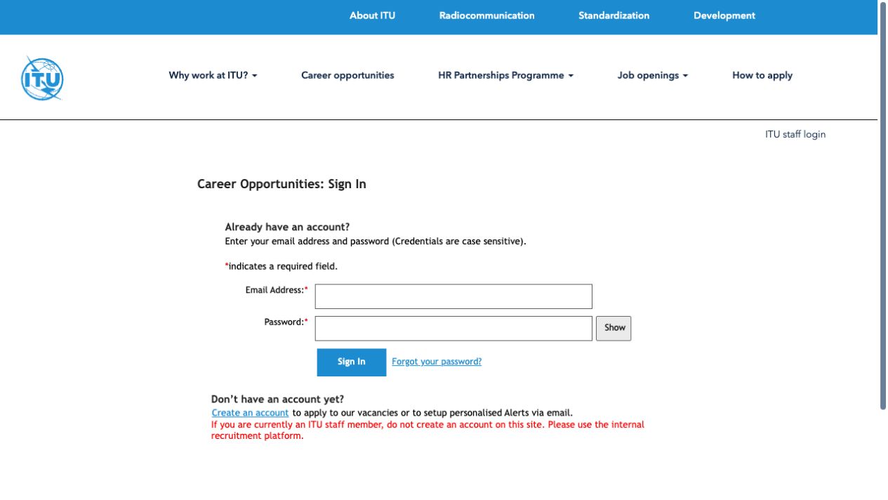 ITU candidate sign-in with email and password fields, password recovery and Create an account link