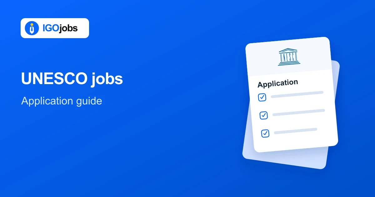 UNESCO application guide illustration with IGO Jobs branding and an application form
