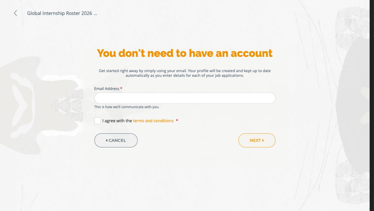 UNFPA Quantum application entry with a blank email field and unchecked terms acknowledgement
