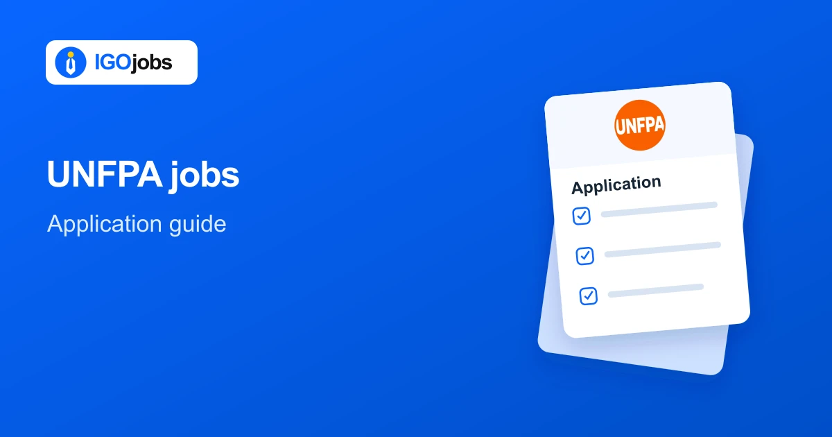 UNFPA application guide illustration with IGO Jobs branding and an application form