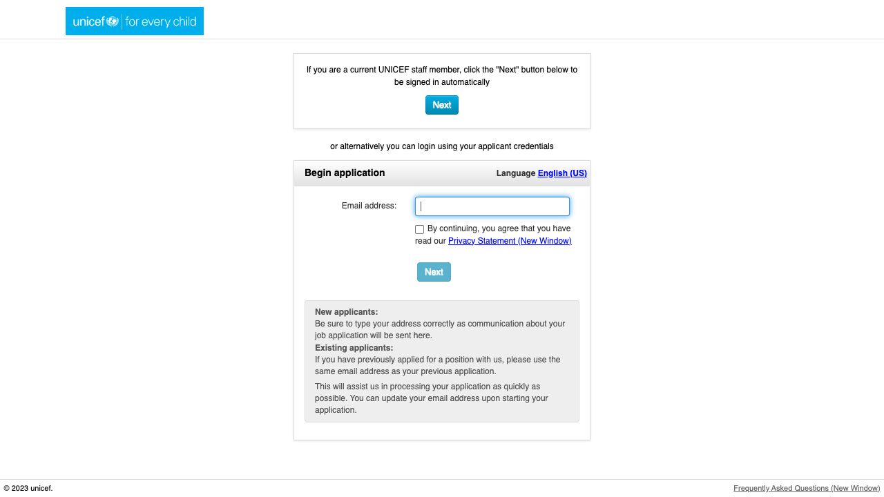 UNICEF PageUp application entry with email address, privacy acknowledgement and current-staff sign-in option