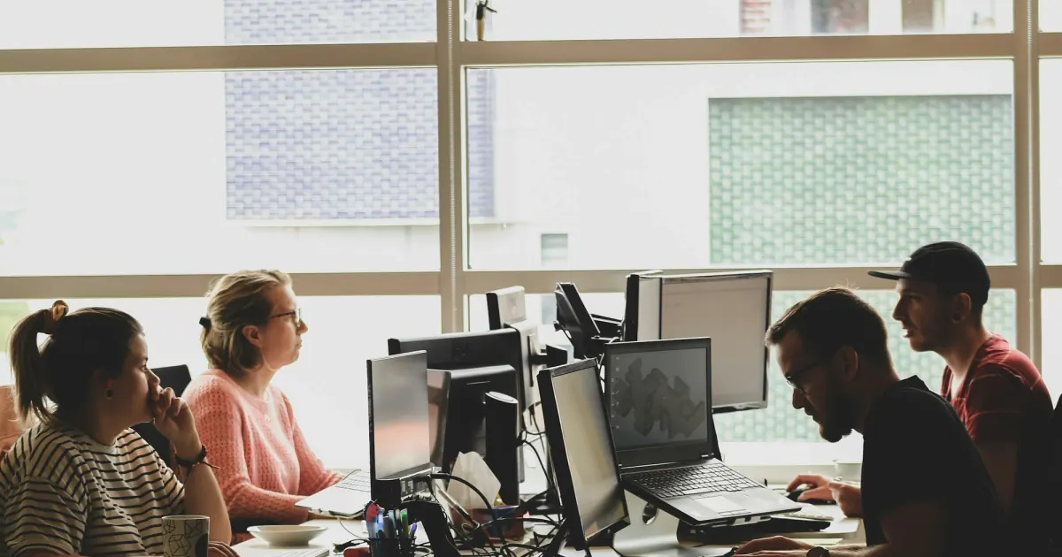 Colleagues working at computers in a sunlit shared workspace.