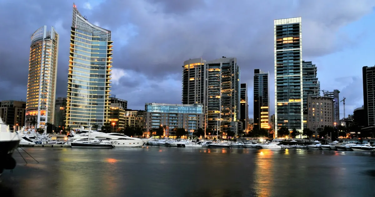 Beirut waterfront and buildings viewed from the Mediterranean, a contextual photograph of Lebanon.