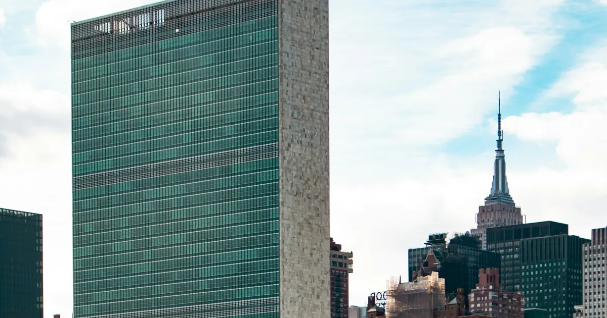 United Nations Secretariat building and neighbouring skyscrapers viewed across the East River in New York.